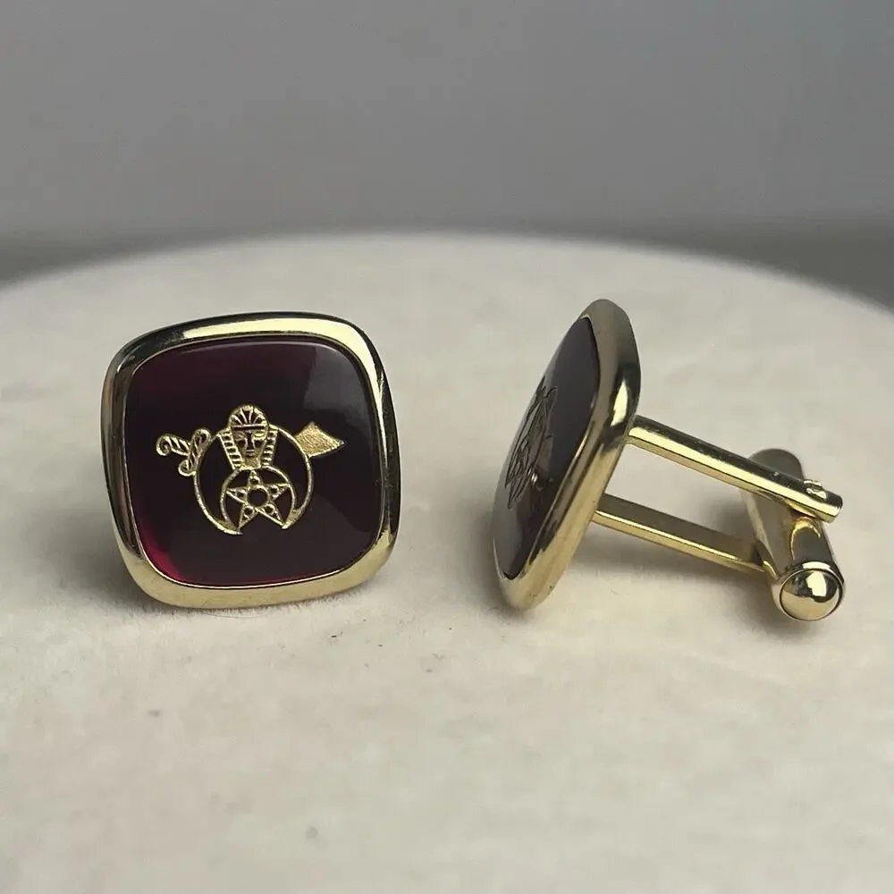 Shriners Cufflinks Red Gold Tone Square Crescent Scimitar Masonic Vintage Retro